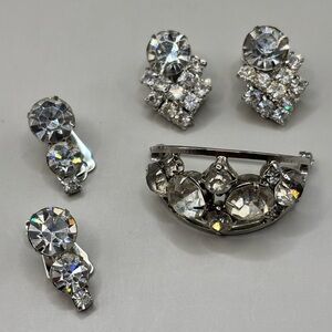 Vintage Clear Rhinestone Lot. Scarf Pin Brooch &  2 Pair Clip Earrings